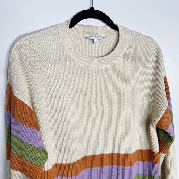 New Gilli Large Cream Orange Green Striped Ribbed Knit Sweater Crew Neck Purple - Picture 3 of 12